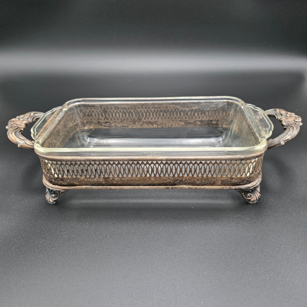 Anchor‎ Hocking Fire King Glass Baking Dish with Ornate Silver Plate Holder 1 Qt
